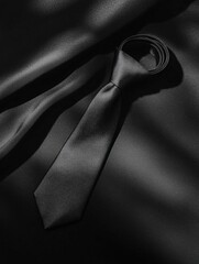 Black and white photograph of a tie lying on a dark fabric. the tie is in the center of the image, with the knot tied in a neat and orderly manner.