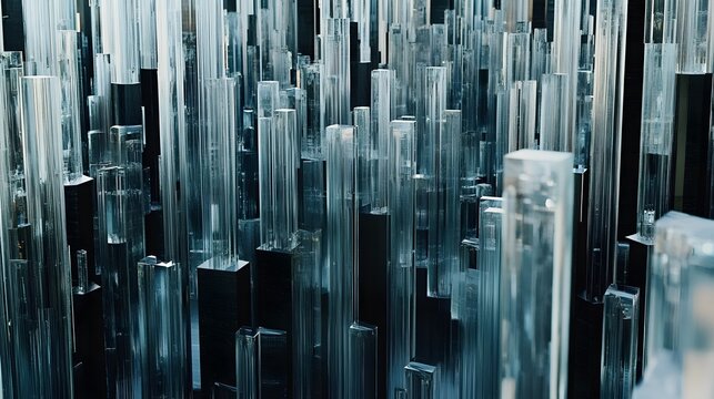 Abstract cityscape of translucent, rectangular structures.