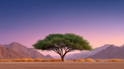 Lone Tree in Open Desert Under Twilight Sky Filled with Stars