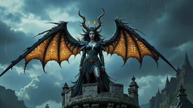 Dark female demon with orange wings and black horns spreads arms in front of cloudy sky. Concept of dark fantasy and mythical evil queen
