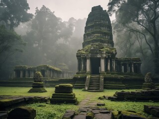 Misty Morning at the Ancient Temple Ruins, Angkor, Covered in Lush Green Moss.