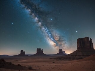 Monument Valley Under the Starry Night Sky, Arizona, USA Desert Landscape