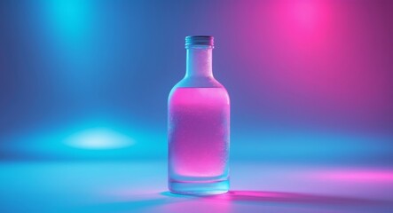 Neon Bottle Still Life. A Glass Bottle Illuminated by Pink and Blue Cyberpunk Lighting.
