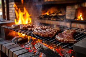 Delicious barbecue grilling on flaming grill with smoke and fire in restaurant kitchen