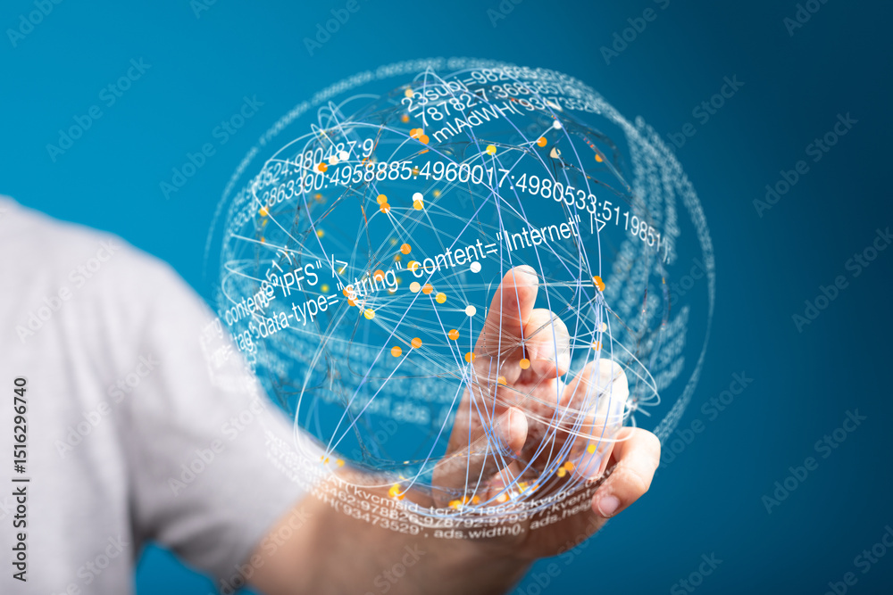 Aufkleber A hand interacts with a digital globe, showcasing data points and connections.  Represents networking, data visualization, or global connectivity.