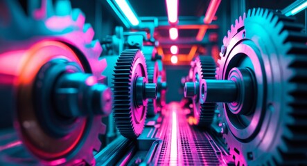 NeonLit Gears. A Futuristic Machinery Display of Precision and Interconnectedness.
