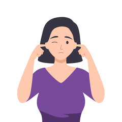 Woman covering his ears with fingers, eyes closed. Guy closing or plugging for loud noise