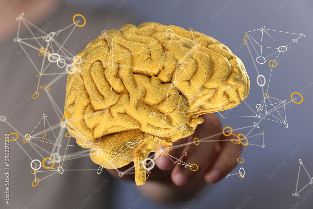Aufkleber 3D rendering of a golden brain with interconnected nodes, representing neural networks and AI.