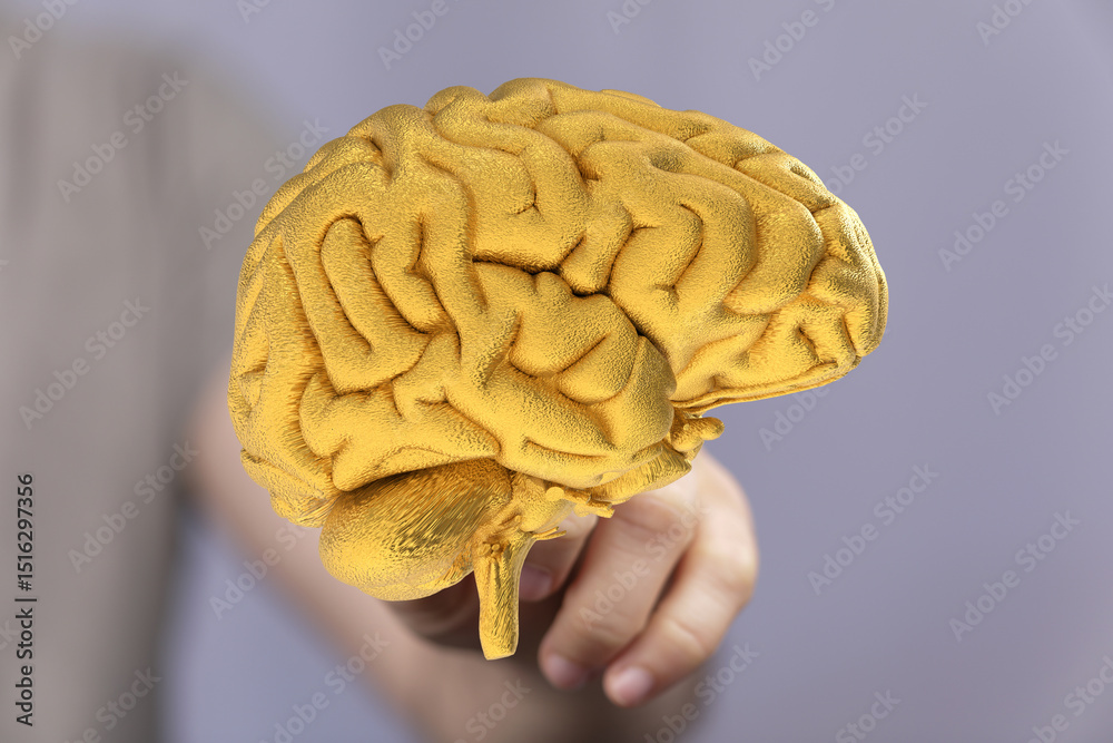 Poster 3d golden brain model. concept for intelligence, innovation, creativity, and problem-solving.