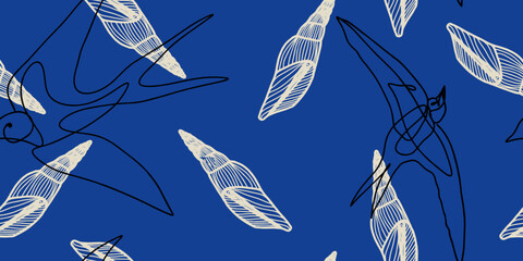 Seashells and birds pattern on blue background pattern