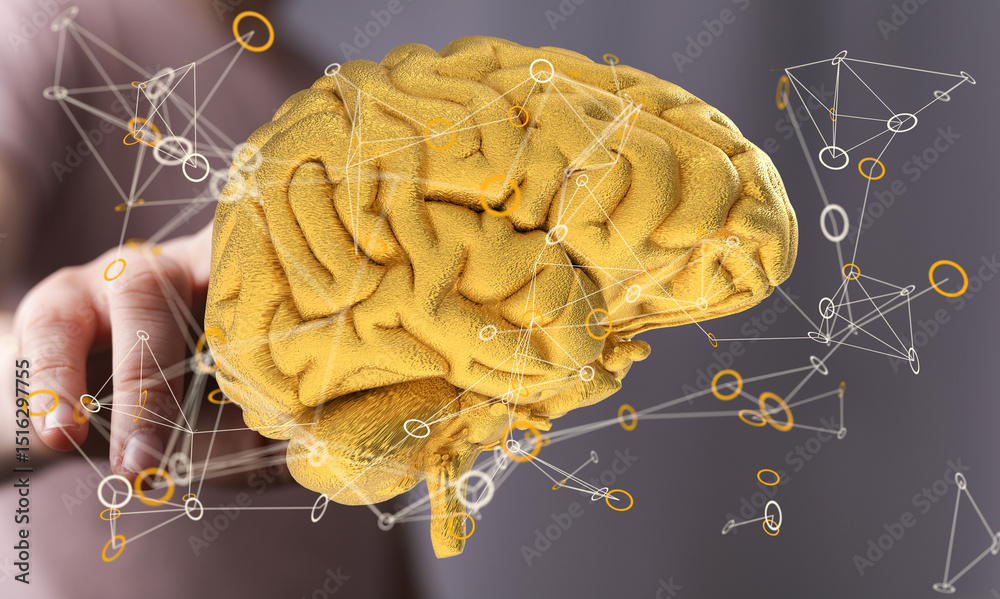 Aufkleber Abstract image of a golden brain with connecting lines, representing neural networks and intelligence.