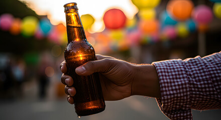 Cold Beer Bottle in Hand at Outdoor Brazilian Festival