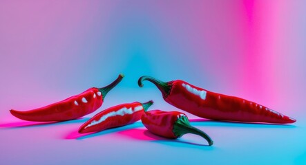 Red Hot Chili Peppers Under Neon Lights, Culinary Spices Still Life Photography