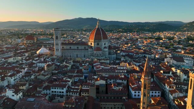 Italian city of Florence, drone shot of capital of Tuscany region in Italy, Duomo Cathedral of Santa Maria del Fiore, famous renaissance Italian landmark