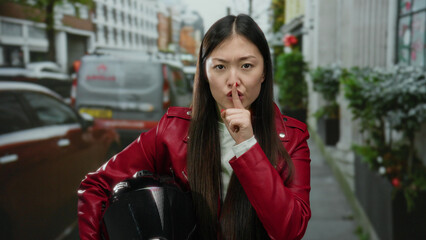 Fototapeta premium Woman shushing on urban street wearing red jacket, holding helmet with finger over lips, surrounded by cars and buildings, conveying silence and secrecy in city setting.