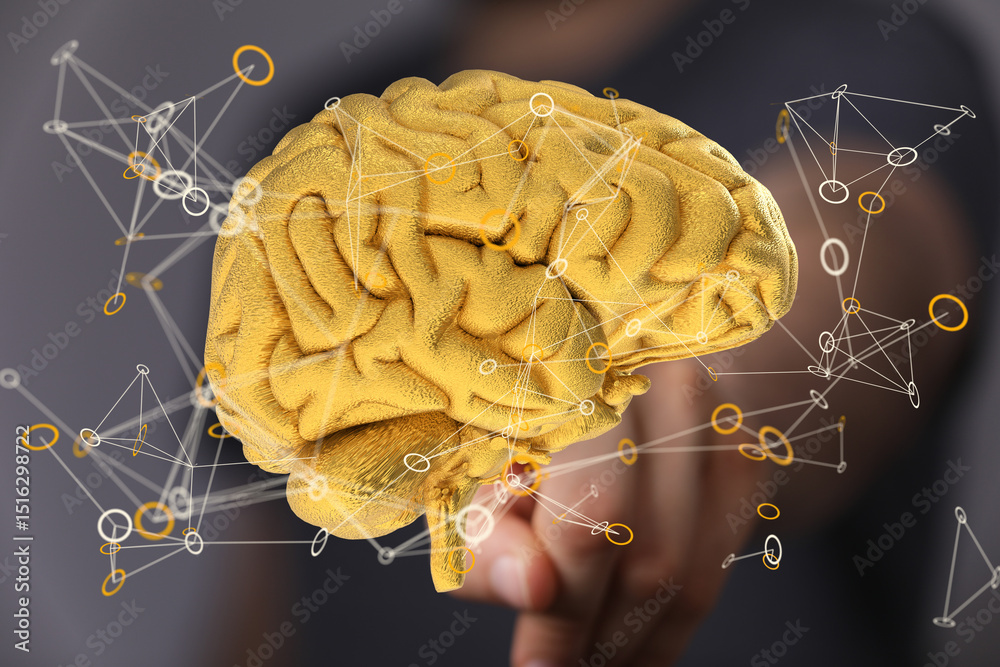 Poster 3d golden brain model. illustrates neural networks, connections, and cognitive processes.