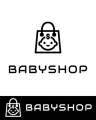 A cute and minimal baby shop logo design featuring a smiling baby face inside a shopping bag