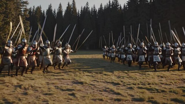 Two opposing armies of medieval knights on horseback, armed with lances and swords, are preparing for battle in a large open field near a dense forest at sunset