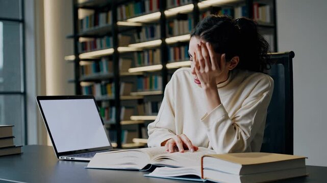 Tired university student yawning and rubbing her eyes while studying in the library with books and laptop, suffering from lack of sleep and exhaustion
