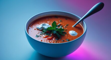 Tomato soup with sour cream and parsley in a blue bowl with a silver spoon.