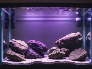 Tranquil freshwater aquarium scape with rocks and illuminated by purple light.