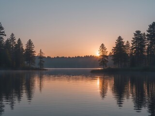 Tranquil Sunrise Over Lake Reflection of Trees in Water, Nature, Landscape.