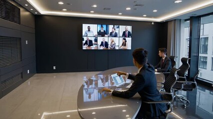 Businesspeople engaging in a video conference with colleagues displayed on a large screen within a modern office meeting room, fostering collaboration and effective communication - Powered by Adobe