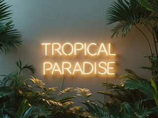 Tropical Paradise Neon Sign Surrounded by Lush Greenery, a Captivating Display.