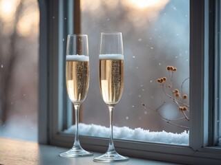 Two Champagne Glasses on a Snowy Windowsill, A Festive Winter Celebration.