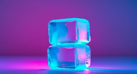Two ice cubes illuminated by vivid neon lights, a modern and refreshing presentation.