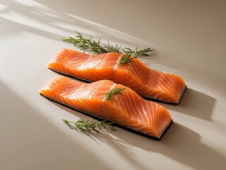 Two Fresh Salmon Fillets with Rosemary on a Light Surface, Natural Sunlight.