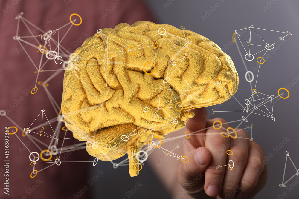 Poster 3d golden brain model with network connections. concept for ai, neuroscience, or technology.
