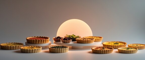 Variety of Savory Tarts and Quiches Displayed with Fruit and Greens Culinary Delight