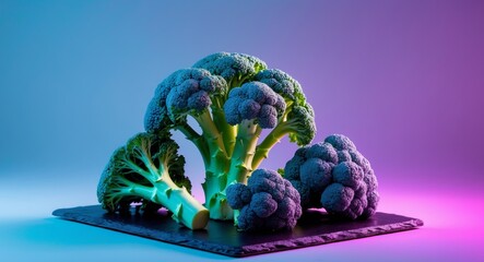 Vibrant Broccoli Still Life on Slate with Neon Lighting, A Fresh and Healthy Choice.