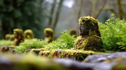Fototapeta premium Moss Growing Around Ancient Stone Statues in a Serene Forest Environment