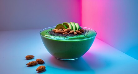Vibrant Green Smoothie Bowl with Avocado and Almonds, Healthy and Delicious Treat.