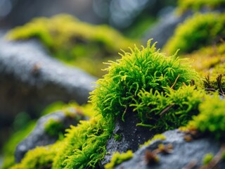 Vibrant Green Moss Clinging to Rocks. A CloseUp Look at Natures Beauty,Detail.