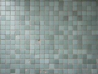 Vintage Light Blue Tile Wall, with Some Missing or Damaged Sections, CloseUp View.