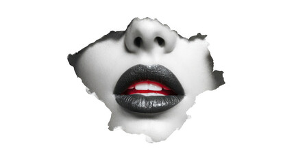 Naklejka premium Black and white photo of a woman's lips with vibrant red lipstick, emerging from torn white paper against a transparent background, creating a striking contrast and a sense of mystery