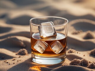 Whiskey on the Rocks, A Tranquil Moment on the Beach, Golden Beverage Reflection