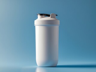 White Protein Shaker Bottle on Blue Background, Fitness and Sport Equipment.