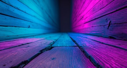 Wooden Planks Illuminated with Neon Lights Creating a Futuristic Perspective.