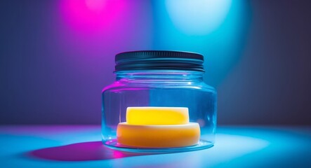 Yellow blocks in a jar illuminated with blue and pink lights, creating a futuristic feel.