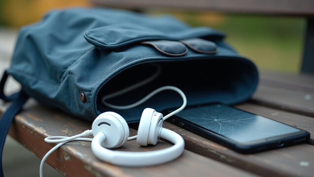 Close-up of backpack, headphones and smartphone on school bench, teenager's everyday objects.