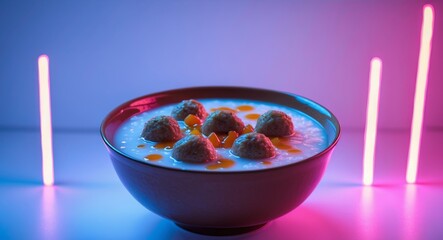 A Bowl of Delicious Meatball Porridge with a Neon Light Aesthetic, Food Presentation.
