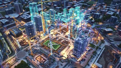 Aerial view of a futuristic cityscape at night, featuring hologram building models superimposed over real buildings under construction, symbolizing the concept of a smart city - Powered by Adobe