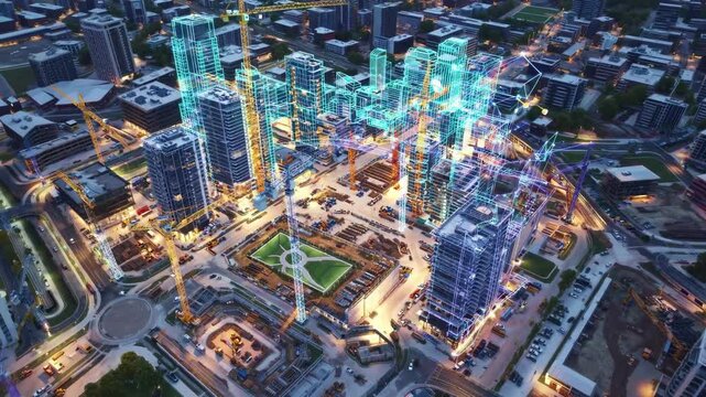 Aerial view of a futuristic cityscape at night, featuring hologram building models superimposed over real buildings under construction, symbolizing the concept of a smart city - Powered by Adobe