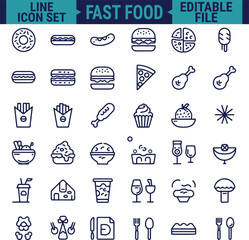 Food and Drinks Line Icon Set Featuring Restaurant and Fast Food Items Including Burger, Donut, Pizza, Ice Cream, and Coffee in Minimal Web Style Vector Illustration