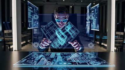Architect wearing augmented reality glasses is interacting with a 3d hologram of a building project, manipulating the design in a futuristic office setting with holographic displays - Powered by Adobe