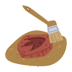 Fossils with Allosaurus footprints in sand with an archaeologist's brush. paleontological find. Historical finds. for decorating books and posters on topics of paleontology, plant, animal